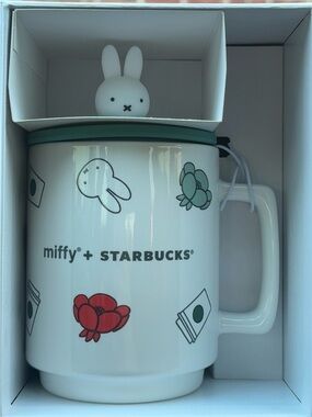 Starbucks x Miffy White Ceramic Mug with Green Lid and Red Floral Accents